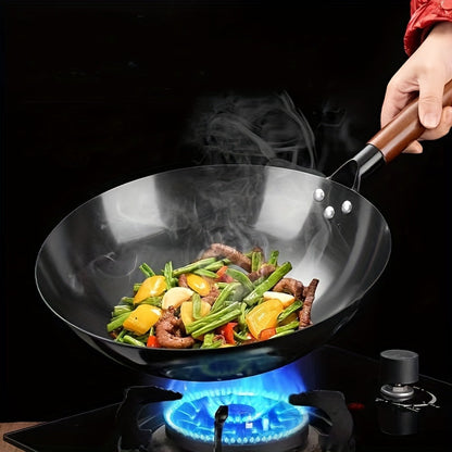 This essential item for home kitchens is the 1-piece Rust-Resistant Cast Iron Skillet with Wooden Handle in Black. With a round bottom design, this wok is perfect for gas stoves and is available in multiple sizes. Made of stainless steel and free of any