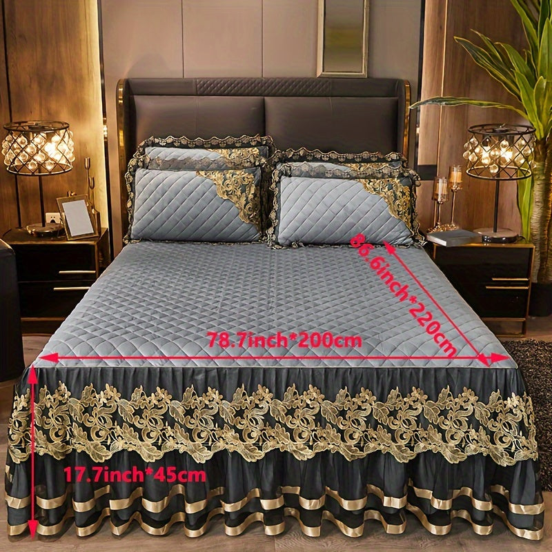 3-piece set of solid color bed skirts with lace detail, including 1 bed skirt and 2 pillowcases. Features a quilted layered design with elegant ruffled accents. The moisture-wicking, wrinkle-resistant mattress cover includes ties for easy removal.