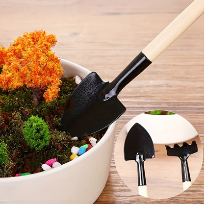 Three-piece set of mini gardening tools: multi-function shovel, harrow shovel, and household plant pine soil shovel.