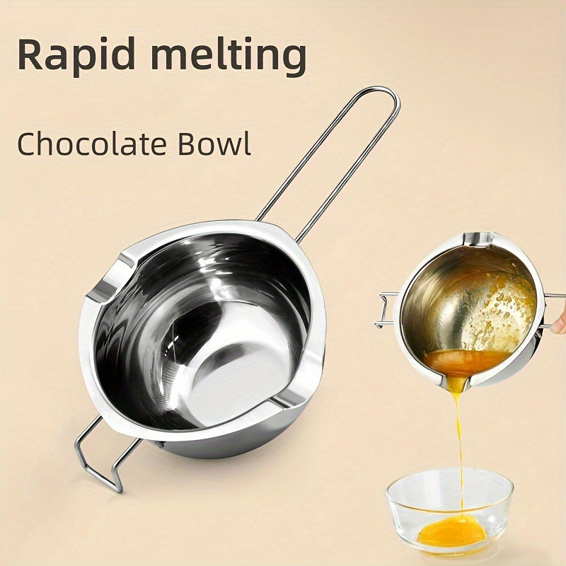 Stainless steel pot with dual nozzle handle for melting chocolate, butter, and cheese. Great for melting candy and candles, heated by water or wax.