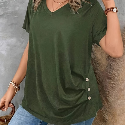 Plus Size V-Neck Button T-Shirt for Women