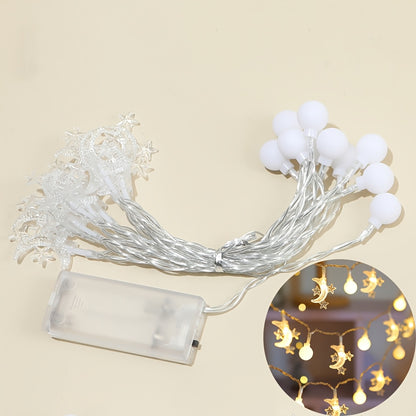 Moon and star Ramadan string lights, battery operated, plastic material, perfect for Eid celebration and indoor room decoration. Great for bedroom walls, wedding parties, and holiday