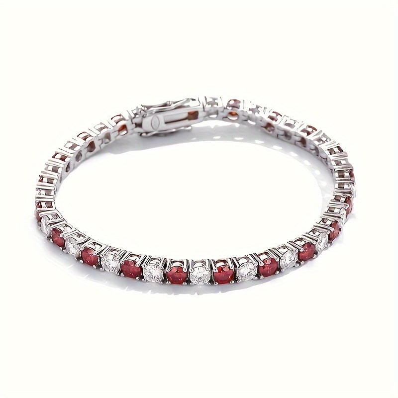 One piece of a luxurious and graceful Red Moissanite Tennis Bracelet, made of unisex 925 Sterling Silver. This fashion accessory is perfect for Valentine's Day, engagement, or wedding gifts.