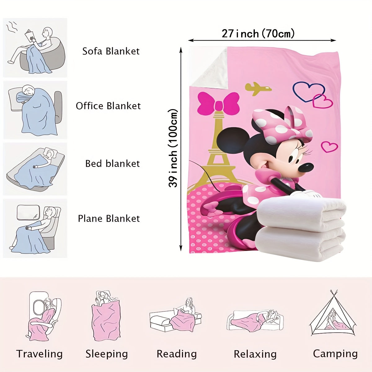 Minnie Mouse Paris Adventure Plush Throw Blanket - Modern Style, Versatile All-Season Knitted Polyester Blanket for Bedroom, Sofa, Bed, Car, Travel - 200-250gsm for Cozy Warmth