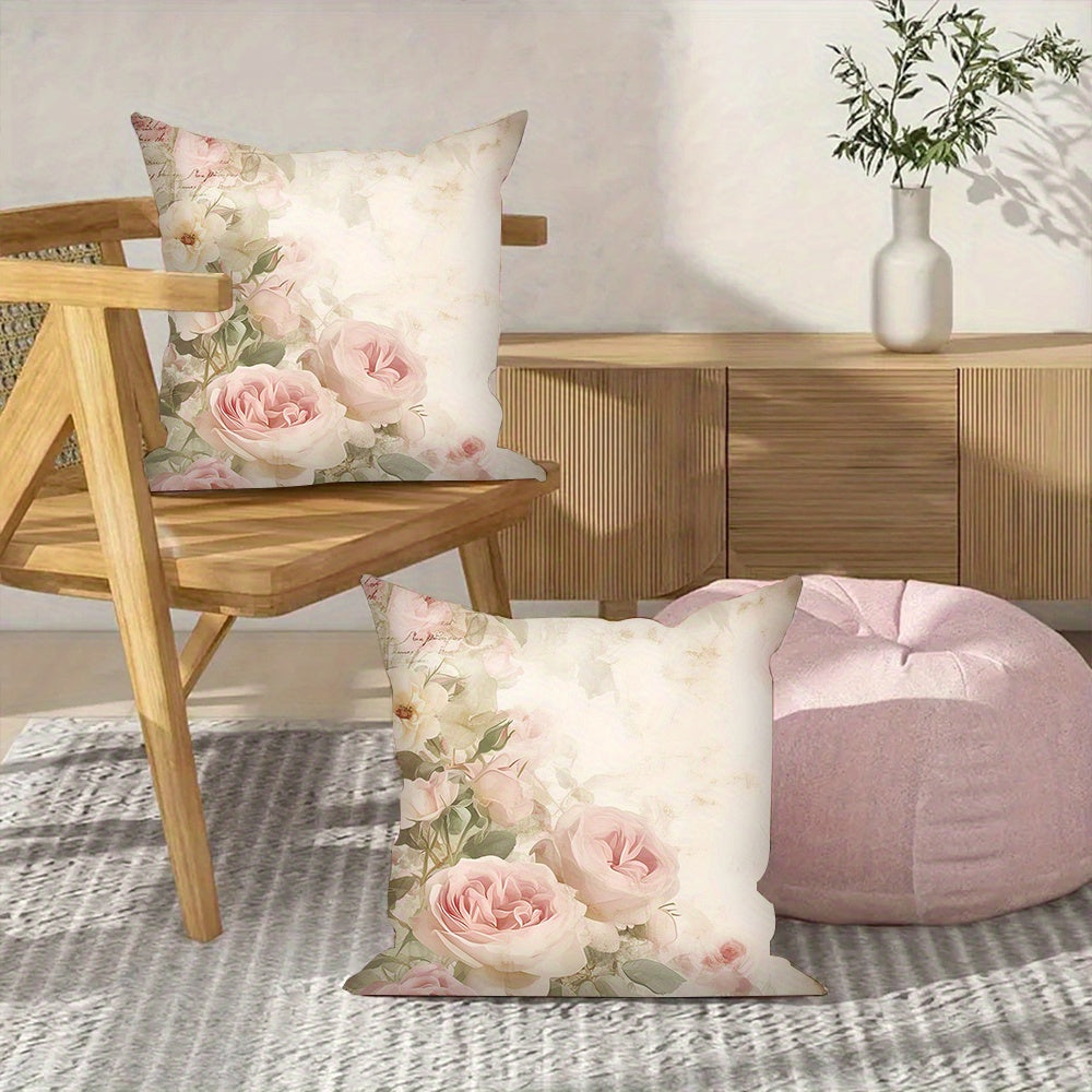 Pink Roses Retro Poster Throw Pillow Covers, Set of 2, 45.72x45.72 cm, Made of Soft Polyester, Square Cushion Cases, Easy-Care Machine Washable, Non-Fade Material, Lightweight and Decorative, Ideal for Sofa and Bedroom Decor - Insert Not Included