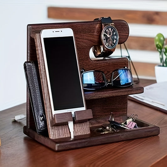 Wooden phone accessory organizer for iPhone and other devices, no power required, lightweight, suitable for home storage in desk or drawer.