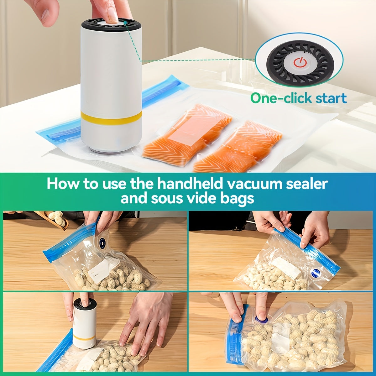 The HOTU Portable 3-in-1 USB Rechargeable Vacuum Sealer is a handheld device that preserves fruits and vegetables, keeping them moisture-proof. Powered by a lithium battery, it is perfect for on-the-go food preservation.