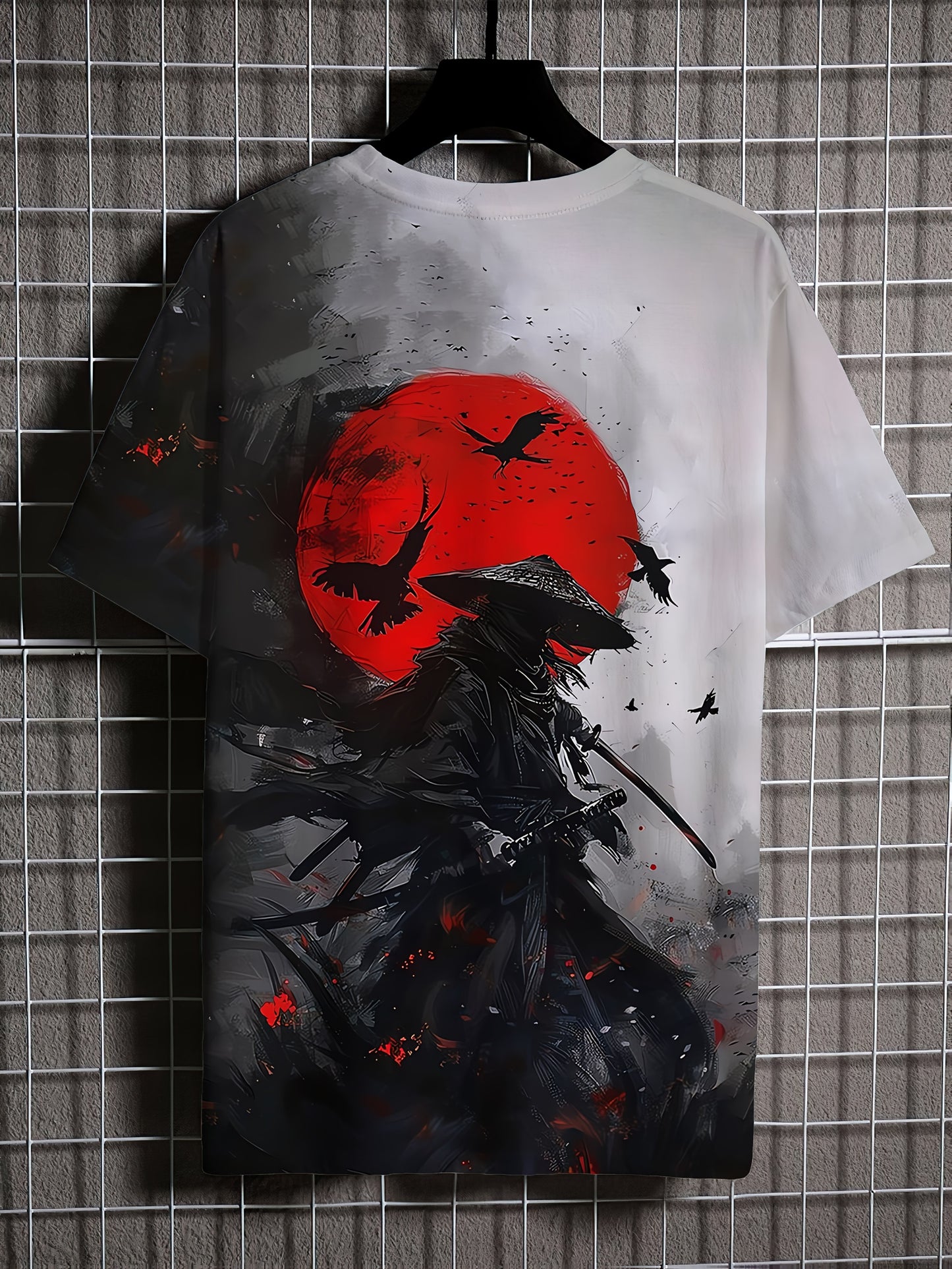 Men's Samurai ink painting pattern T-shirt, short-sleeve tee for summer streetwear.