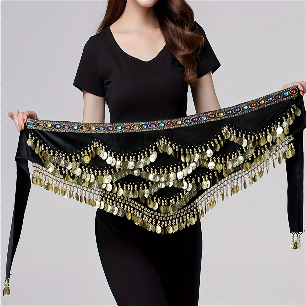 1 piece belly dance hip towel with sequin decoration for dance performances.