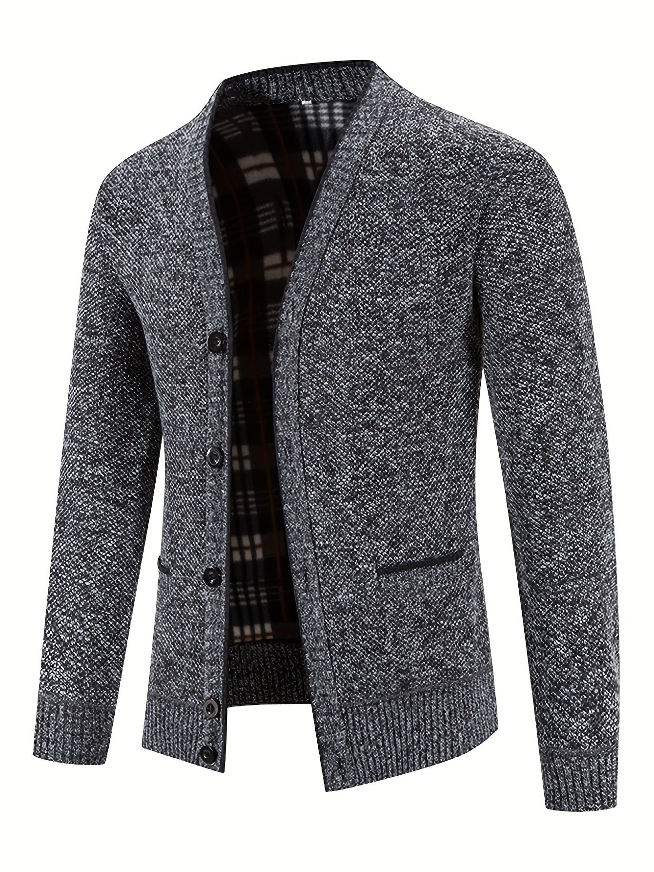 Men's Plaid Fleece Lined Knit Jacket, Casual Stylish Coat for Spring and Autumn