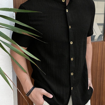 Men's Navy Blue Button-Up Shirt made of lightweight polyester with stand collar. Machine washable, suitable for Spring, Summer & Fall outings. Cute option for short sleeve tops.