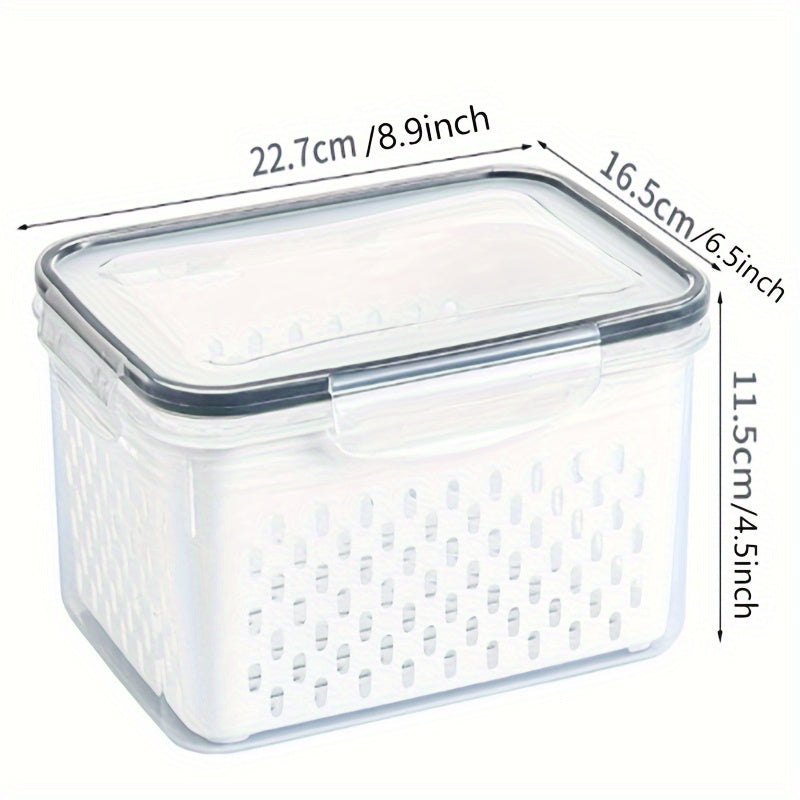 Reusable airtight plastic food storage containers featuring removable colanders, clip-on seal, and rectangle produce savers. Dishwasher safe and great for storing fresh berries, fruits, vegetables, and meat.