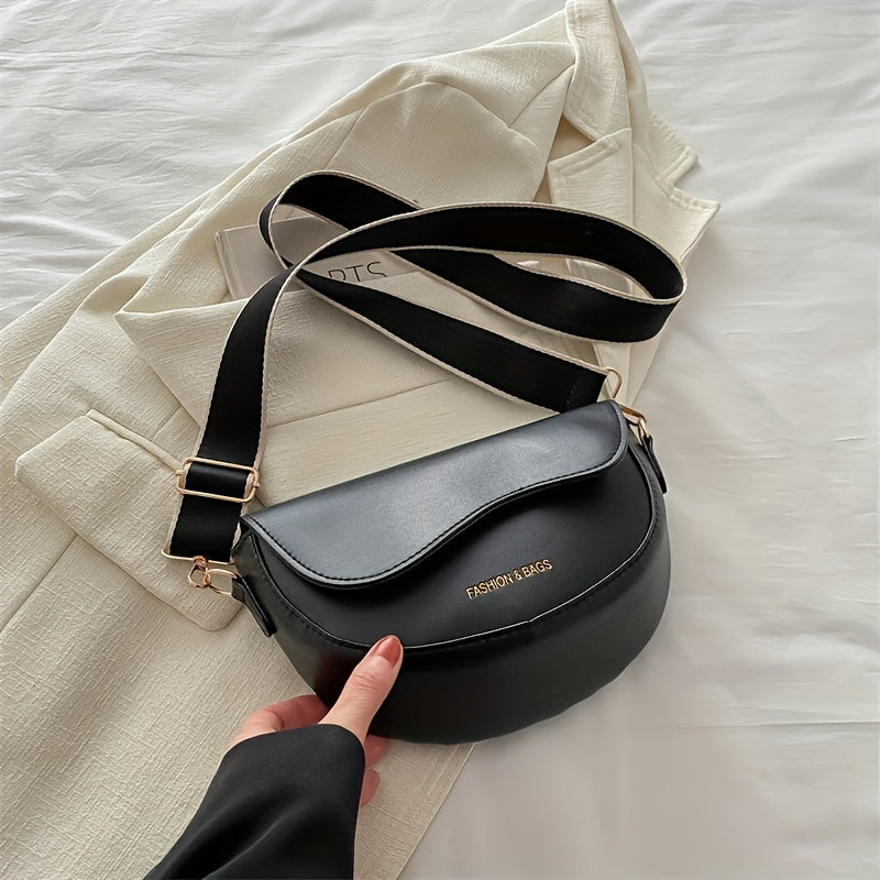 Women's PU Fashion Saddle Bag with Wide Shoulder Strap, Cover Closure Single Shoulder Crossbody Bag for Commuting, Vacation, and Outing