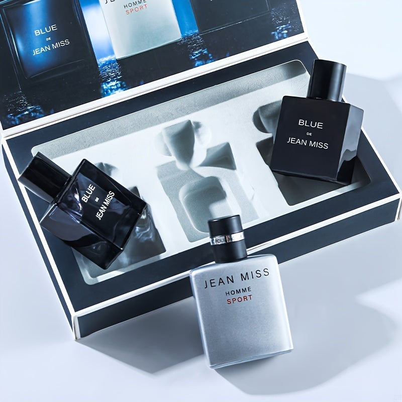 Men's perfume suit with blue cologne, wood fragrance, and lasting freshness in an authentic gift box for students.