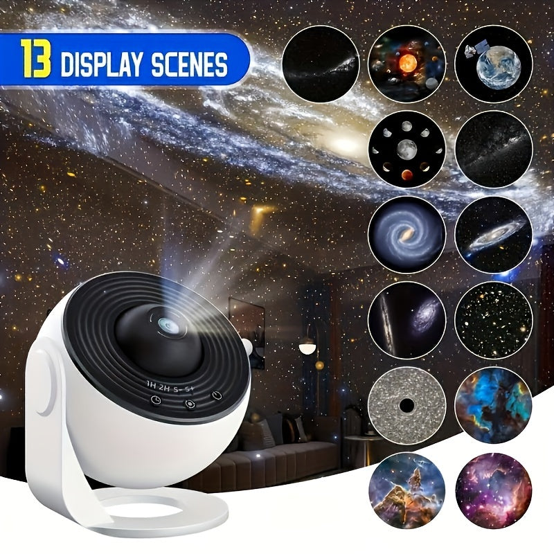 USB powered starry galaxy projector made of ABS material with tabletop mount, push button control, interchangeable film projection. Suitable for bedroom, hotel, restaurant, game room for