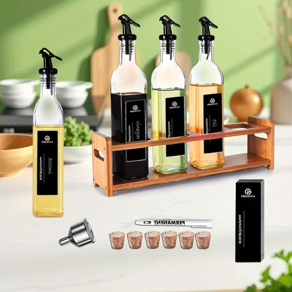 Set of 4 Vinegar and Oil Bottles with a Pure Natural Bamboo Rack, 500ml High Clarity Glass Oil Can, and Black and White Labeled Oil Separator for Organized Storage of Kitchen Oil and Vinegar