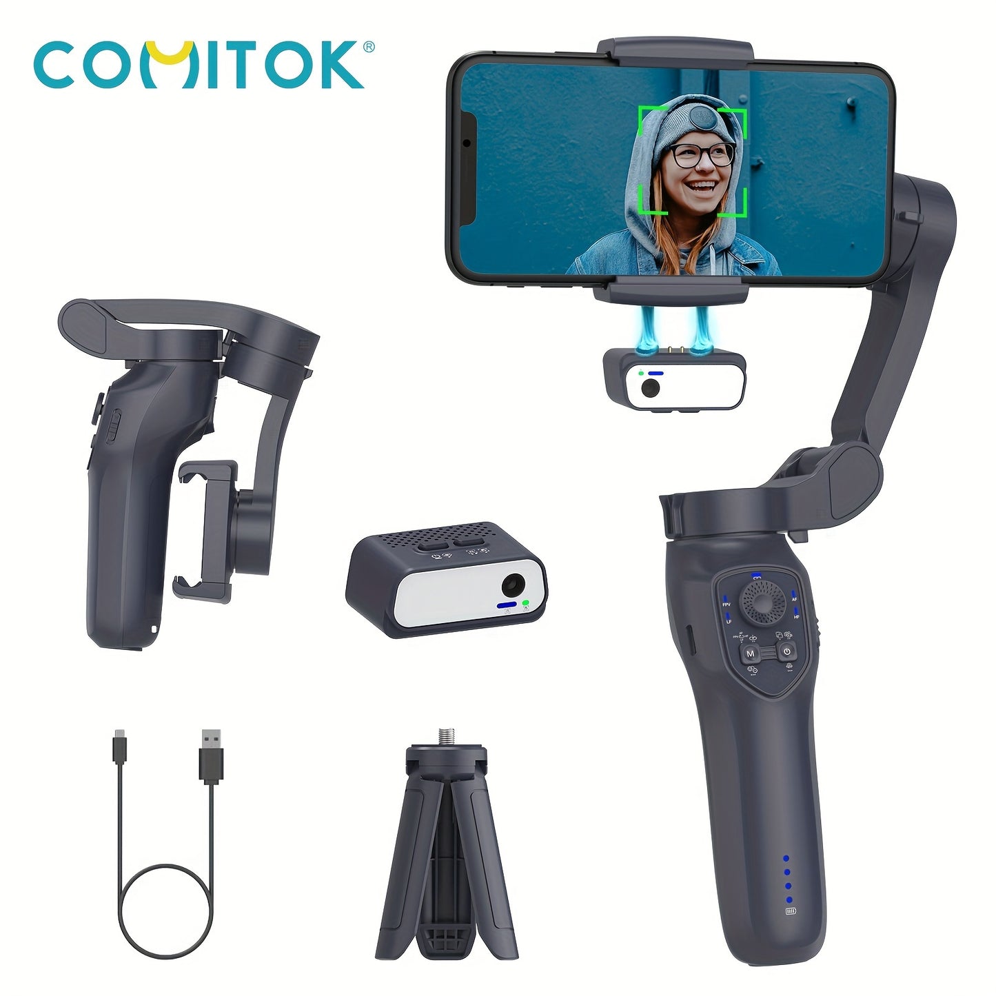 COMITOK L7Cpro Portable Handheld Gimbal Stabilizer with Smart Gesture Control, Foldable Design, Built-in Fill Light - Perfect for Selfies, Vlogging, Live Streaming. USB Rechargeable, Black