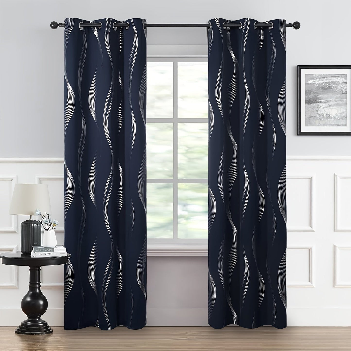 Two pieces of contemporary blackout curtains made from high-quality woven polyester, featuring a grommet top design for easy hanging. These room darkening drapes are machine washable and showcase a fantasy stripe pattern with eyelet detailing. Suitable