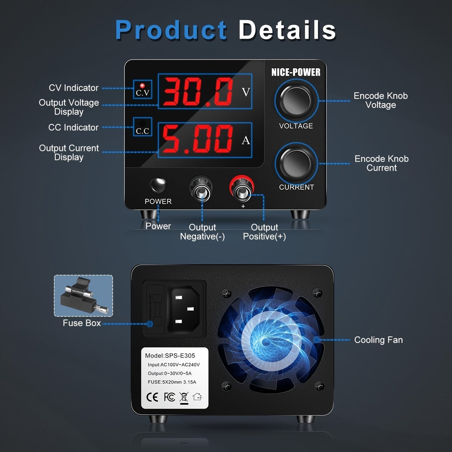 NICE POWER SPS-E305 Lab DC Power Supply: 30V, 5A, Adjustable Voltage and Current, LED Display, Weatherproof, Cold Resistant, European Standard Plug, No Assembly Required, Digital Display