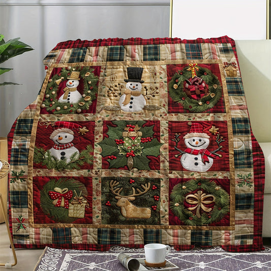 Snuggle up with a charming Vintage Christmas Wreath & Snowman Plaid Flannel Blanket - Cozy, Soft Throw for Couch, Bed, Car, Office, or Camping - Perfect All-Season Gift