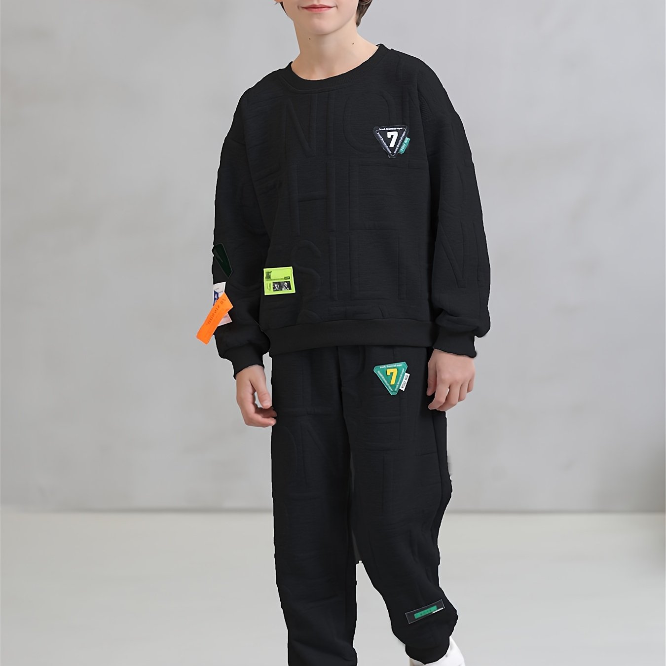 2-piece boys' casual viscose knit sweatshirt and pants set with alphabet pattern and applique detail for ages 12 and under, suitable for spring/fall outdoor wear.