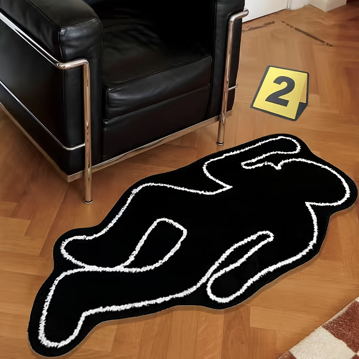 1-piece Humanoid Area Rug in Black with a Creative Shadow Motif. This exquisite carpet doubles as a bedside cushion, perfect for your living room floor. Non-fading and non-shedding, it is also washable for easy maintenance. The comfortable and soft foot