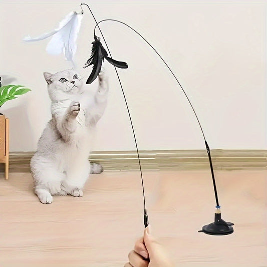 Interactive cat teaser wand toy with flexible steel wire, detachable feather teaser and suction cup base for indoor cats - durable plastic construction, no batteries needed.