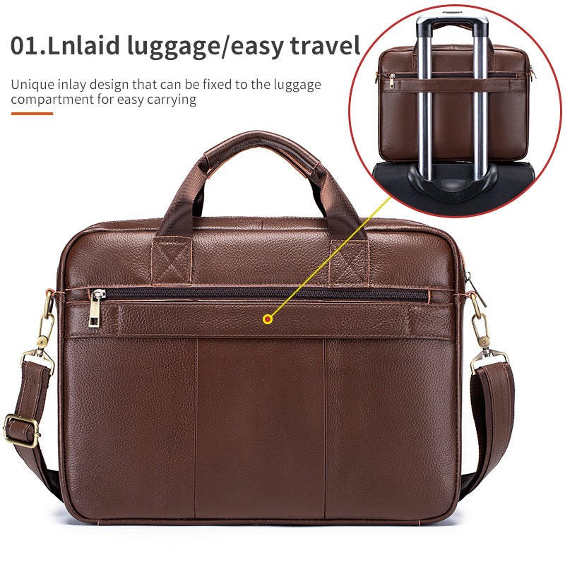 Brown leather briefcase with multiple compartments, adjustable shoulder strap, suitable for travel and professional activities.