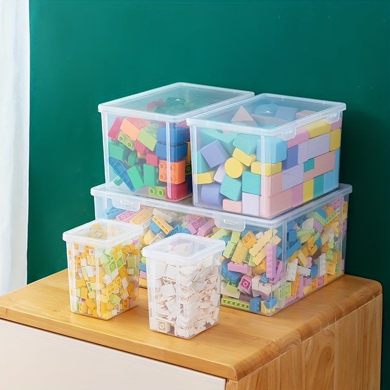 Durable plastic storage box with flip lid for building blocks, toys, and office supplies.