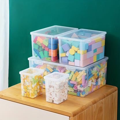 Durable plastic storage box with flip lid for building blocks, toys, and office supplies.