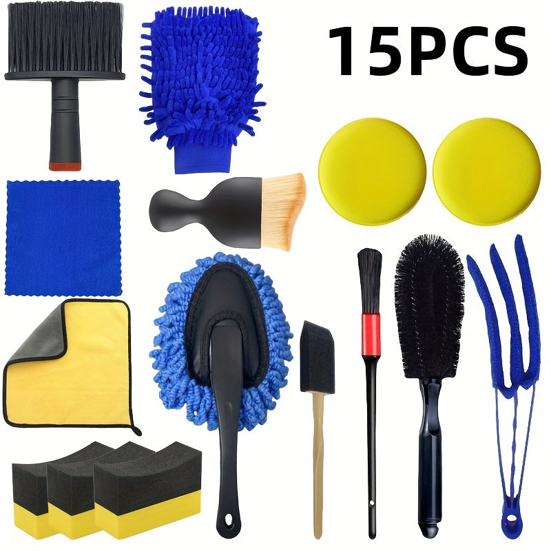 Full car detailing set includes wash mitt, wheel brush, dusting brush, vent cleaning tool, long & short brushes, wax applicator sponge, and duster - non-electric.