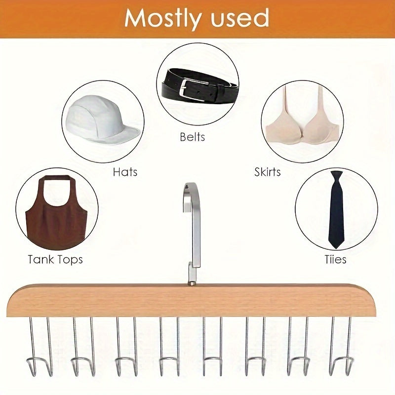 One-piece Storage Rack Holder: 360° Rotating Wooden Clothes Hanger with 8 Hooks, Closet Organizer for Bras, Tank Tops, Underwear, Scarves, Hats, and Ties - Space-Saving Solution