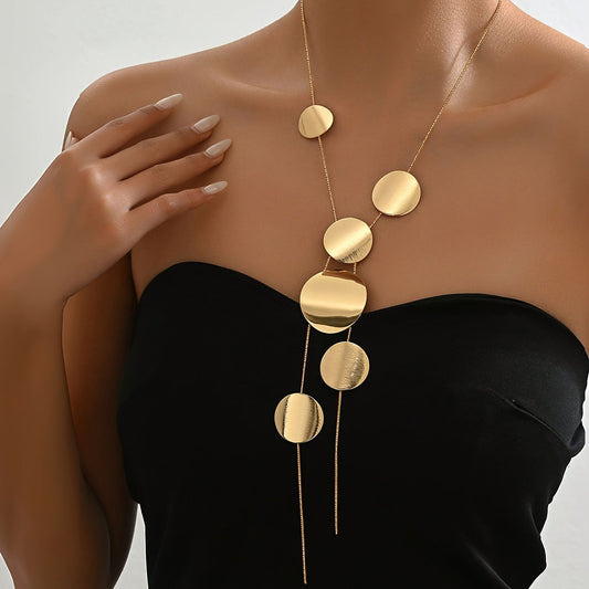 Women's Elegant Geometric Round Pendant Necklace with Glossy Brushed Finish and Irregular Thin Snake Chain, perfect for making a statement with style.