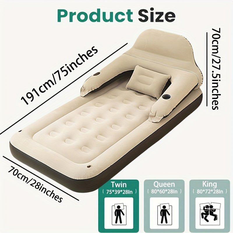 Inflatable air mattress with integrated pump, designed for maximum comfort and convenience. Made of durable plastic, featuring a deep fill design for optimal sleeping support. Includes backrest, headboard, and pillows for added relaxation. Suitable for