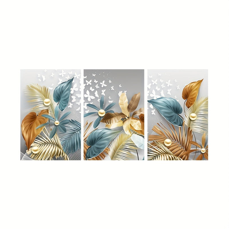 Set of 3 frameless modern golden butterfly leaves canvas paintings for living room decor, size 15.7*23.6in/40cm*60cm