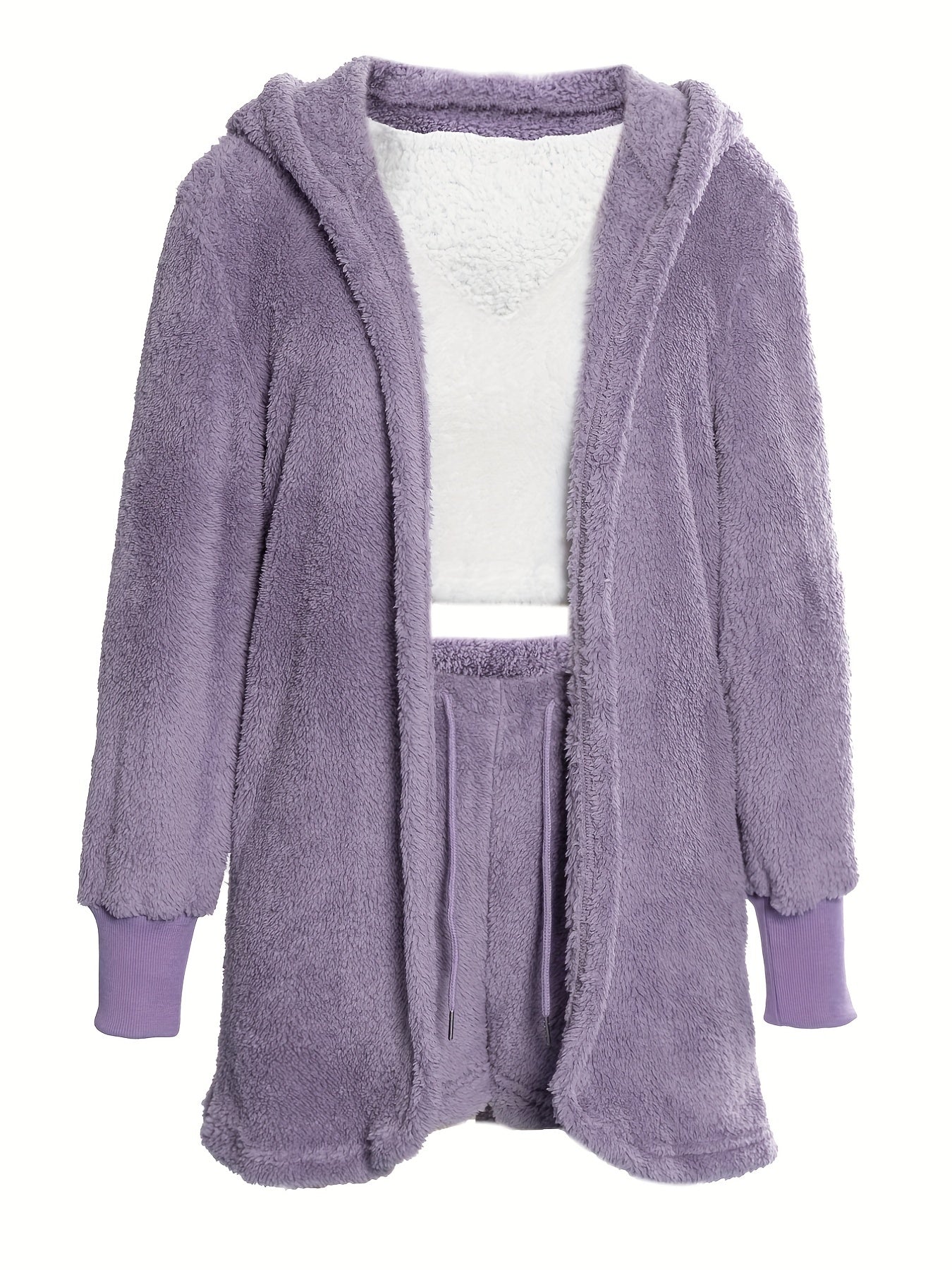 Women's cozy pajama set with long sleeve hooded robe, tank top, and drawstring shorts for sleepwear and loungewear.