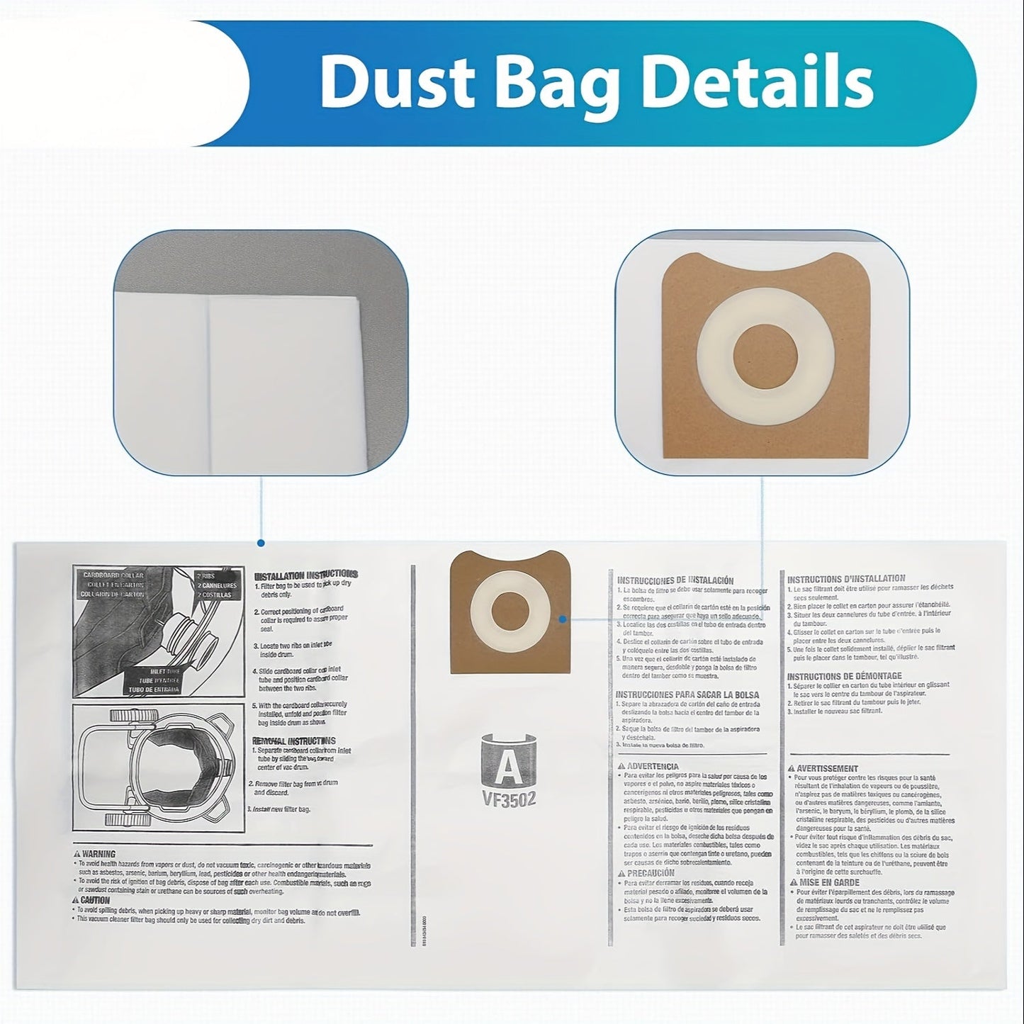 12 pieces of replacement 23743 VF3502 vacuum dust bags that are compatible with Ridgid Shop Vac models ranging from 45.42 to 60.57 liters. These high efficiency vacuum bags are designed to replace the dust collector PS12 for the following models: WD1950