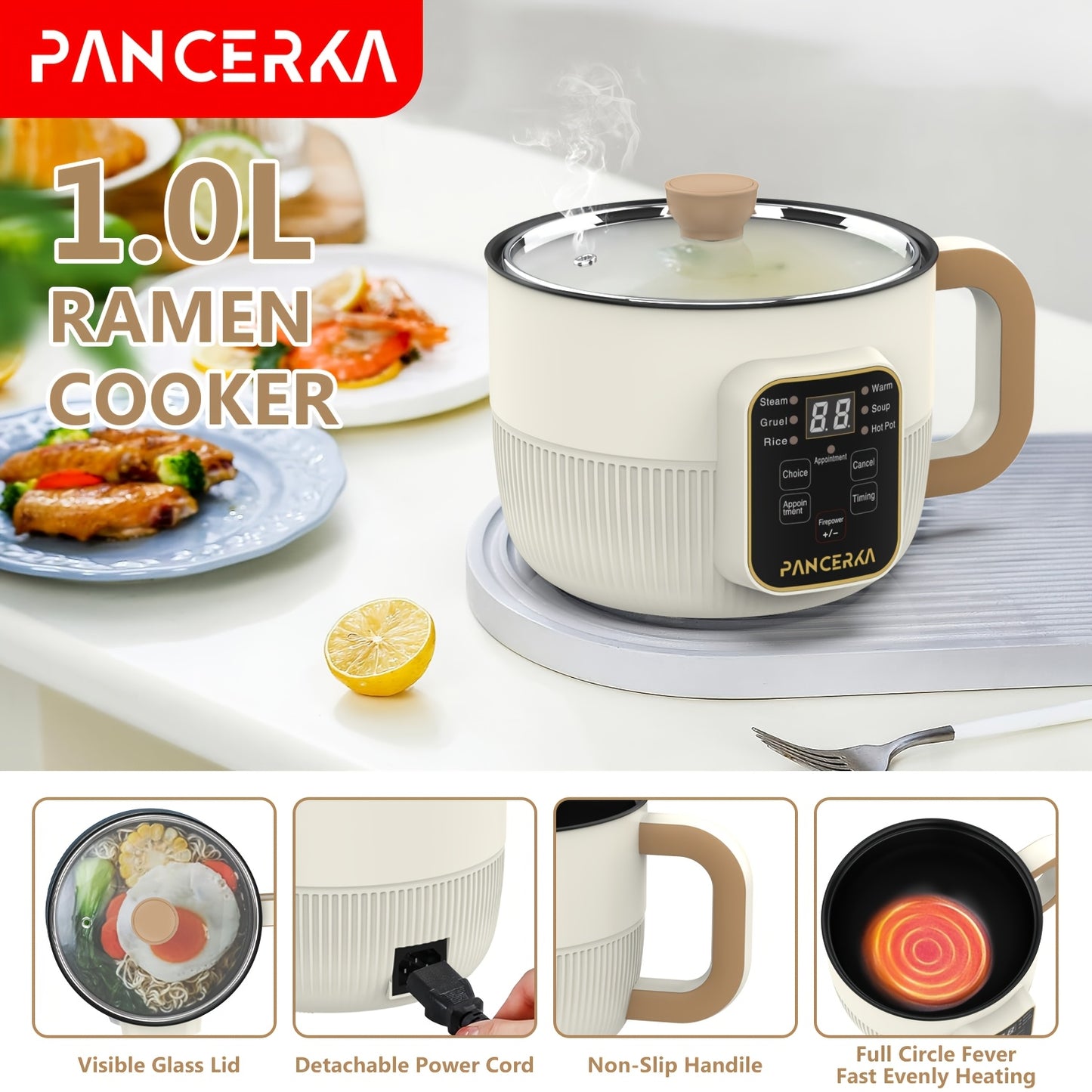 1 PANCERKA Electric Cooker, 1.0L Non-Stick Steamer with Mechanical Buttons, 220-240V, European Standard Plug, No Battery Needed