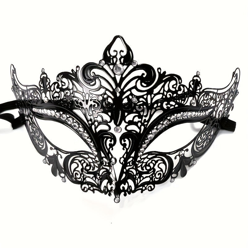 Venetian Party Prom Ball Metal Masquerade Mask adorned with Rhinestones for Women at Halloween Carnival Mardi Gras festivities.