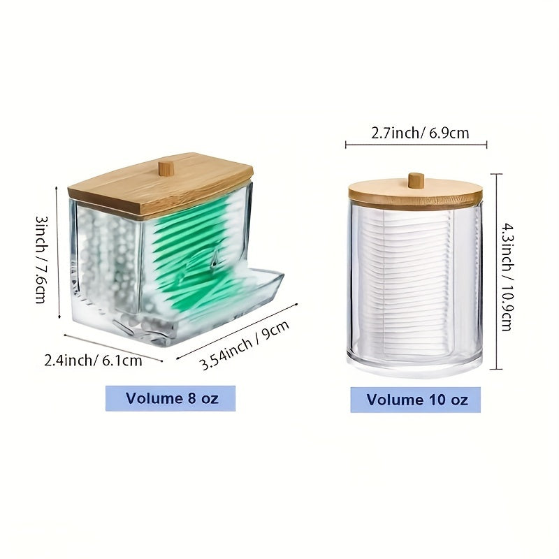 Set of 2 modern plastic swab dispensers with bamboo lids, perfect for organizing makeup sponges and rounds in your home. Great for home storage and organization.