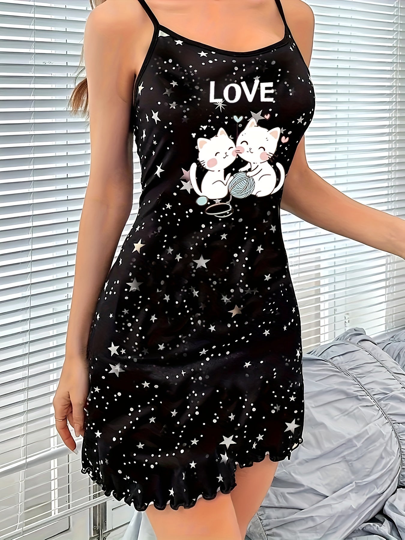 Cat and star print, frill trim lounge dress, backless slip dress, comfortable nightgown for women