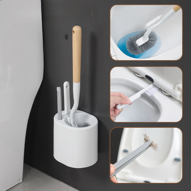 Toilet cleaning set includes long-handled brush, wall-mounted storage, gap brush, soft bristles, and drip base. Perfect for thorough cleaning without power.