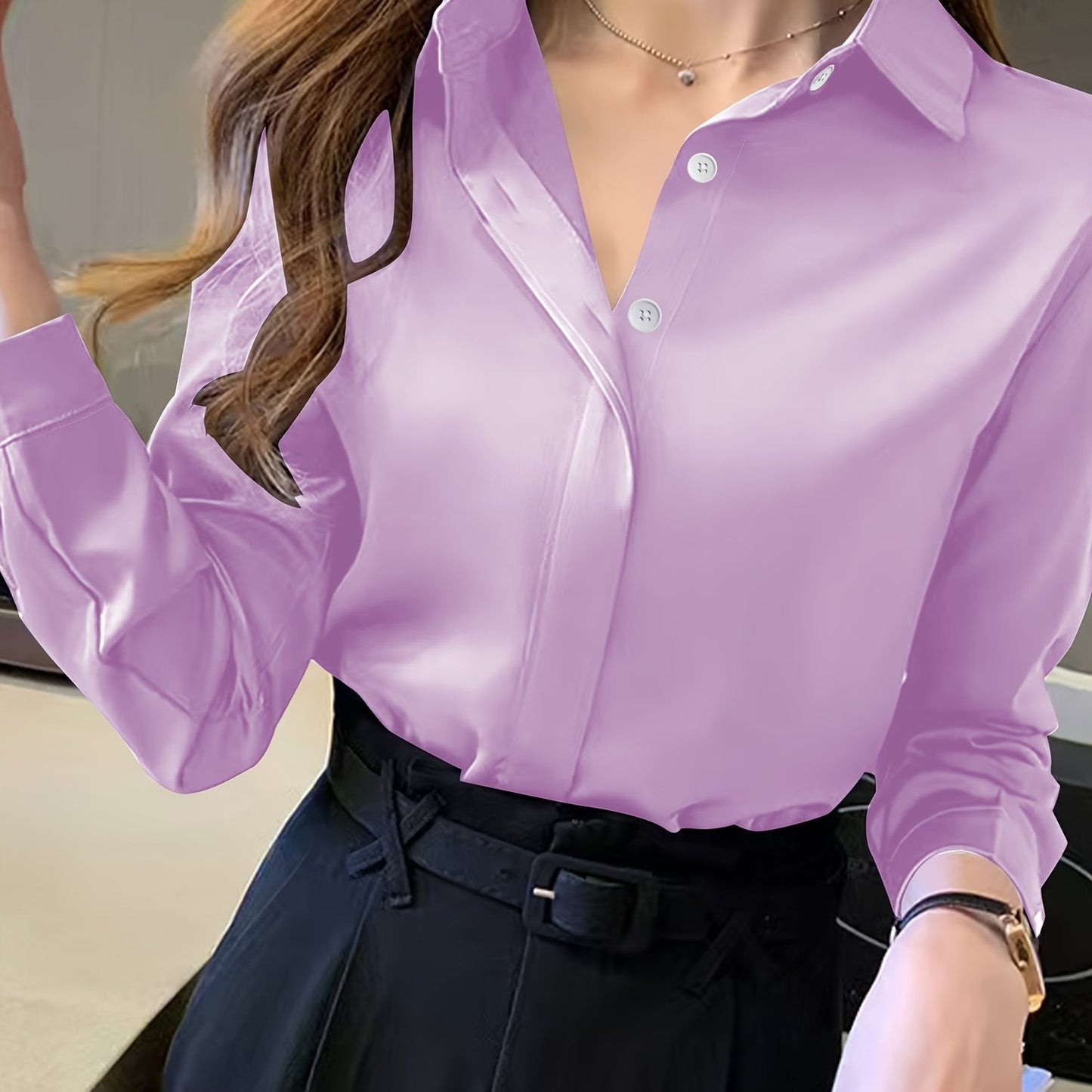 Stylish navy blue long sleeve blouse for women - suitable for work, semi-sheer polyester with button detail, ideal for spring/fall