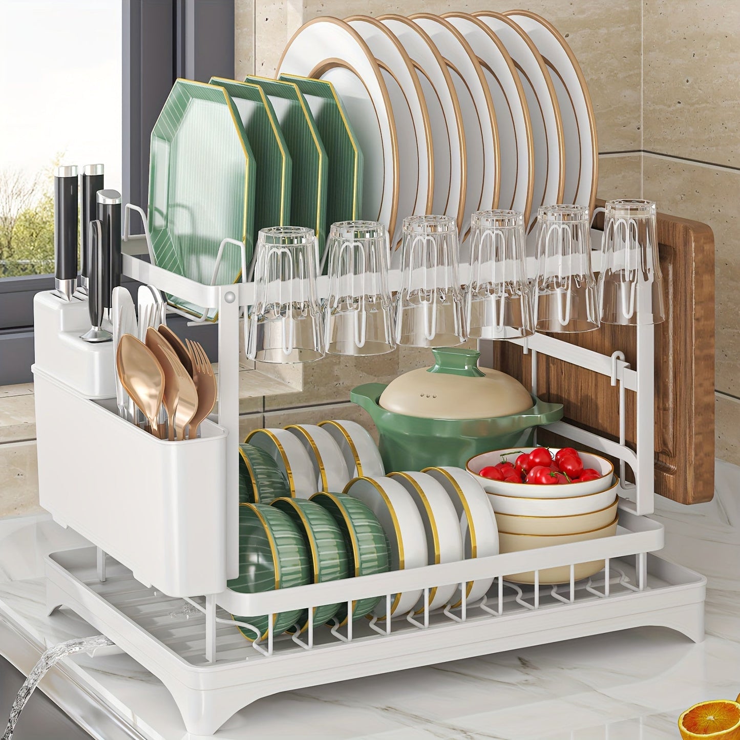 Kitchen Counter Rustproof 2-Tier Dish Drying Rack with Double Layer, Drainboard, and Utensil Holder - Ideal for Kitchen Accessories