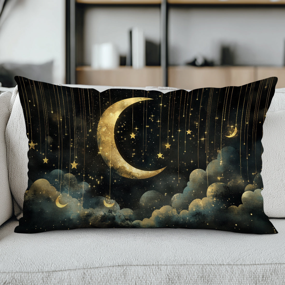 Contemporary starry night moon design throw pillow cover made of 100% polyester woven peach skin velvet, machine washable with zipper closure. 30x50cm size with decorative cushion case for any room.