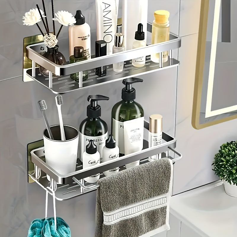 Wall-mounted bathroom shelf, rack, and adhesive shower basket for toiletries, cosmetics, sundries, seasoning bottles, bathroom and kitchen storage.