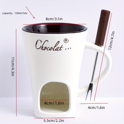 White ceramic cup for melting ice cream, cheese, or chocolate with a fork for holding candles and heating coffee; 150ml/5oz novelty mug.