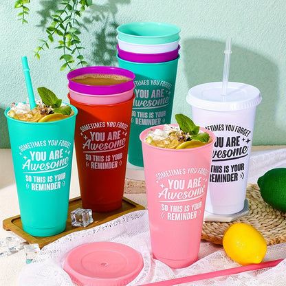 5-Pack of 24oz inspirational tumblers with lids and straws, hand-wash only cups, BPA & PVC free, rectangle sealable mugs for coworkers, teachers, employees.