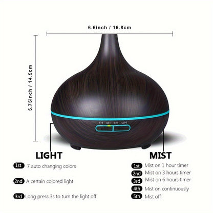 550ml Aroma Diffuser Humidifier with Soundwave Technology, Wood Grain Design, 7-Color Night Light, Timer Setting, USB Powered - Quiet Desktop Diffuser for Office, Bedroom, Cafe, Yoga