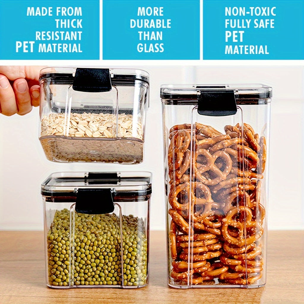 Set of airtight food storage containers - Clear plastic canisters with durable lids for organizing kitchen and pantry items like cereal, pasta, grains, nuts, and spices. BPA-free PET material, stackable design, and available in various sizes (small